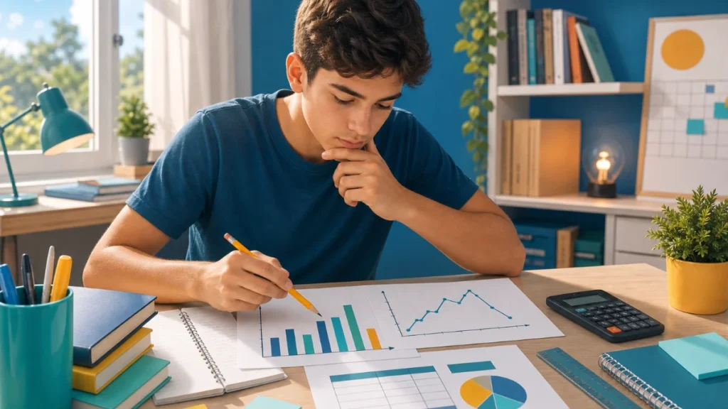 Estudante analisa um gráfico de barras e um gráfico de linhas enquanto estuda Matemática para o ENEM