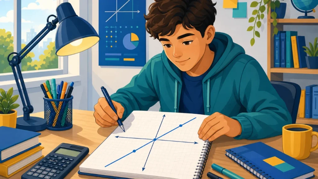Estudante estuda função do 1º grau com um gráfico de linha reta em um plano cartesiano.