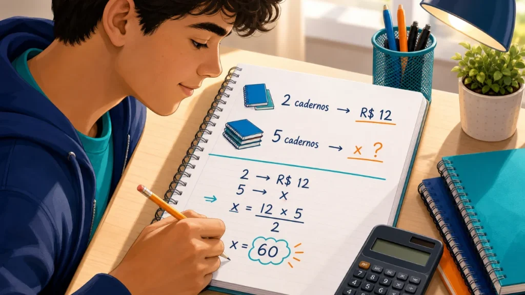 Estudante resolve uma questão de regra de três com cadernos, preços e cálculos em um caderno.